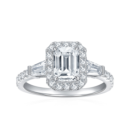 Sotiya Halo Side Stones Emerald Cut Moissanite Engagement Ring Sterling Silver-Sotiya