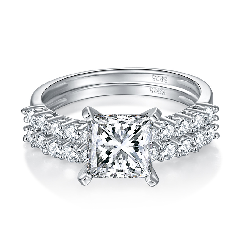 Sotiya Side Stones Princess Cut Moissanite Wedding Bridal Ring Set Sterling Silver-Sotiya