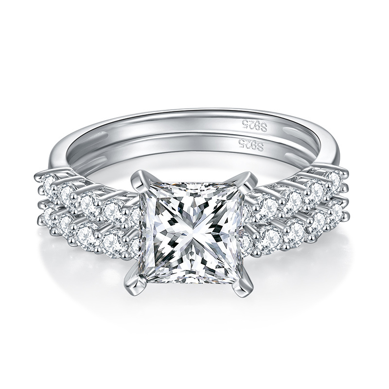 Sotiya Side Stones Princess Cut Moissanite Wedding Bridal Ring Set Sterling Silver-Sotiya