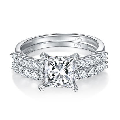 Sotiya Side Stones Princess Cut Moissanite Wedding Bridal Ring Set Sterling Silver-Sotiya