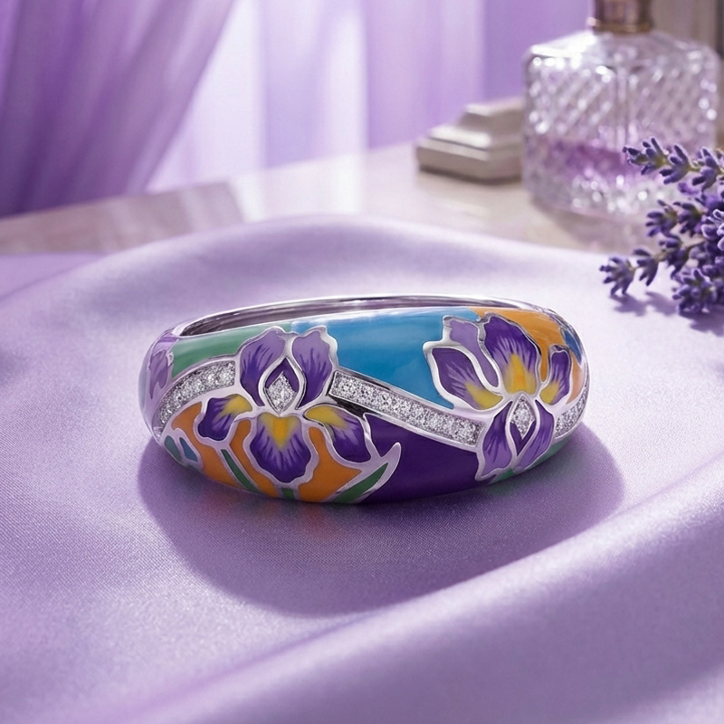 Sotiya Artist Collection Famous Painting Irises Inspired Enamel Women's Wedding Ring Sterling Silver-Sotiya