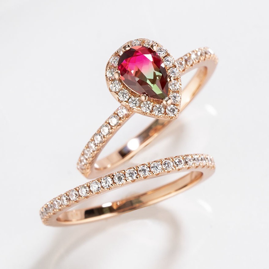 Sotiya Pear Cut Watermelon Rose Gold Halo Wedding Bridal Ring Set Sterling Silver-Sotiya