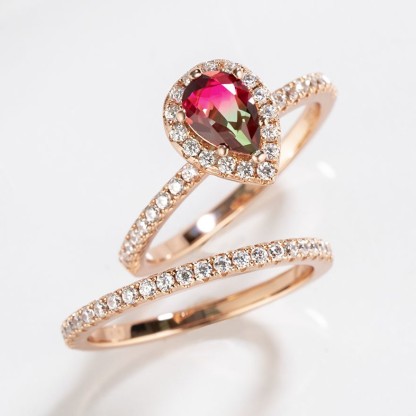 Sotiya Pear Cut Watermelon Rose Gold Halo Wedding Bridal Ring Set Sterling Silver-Sotiya