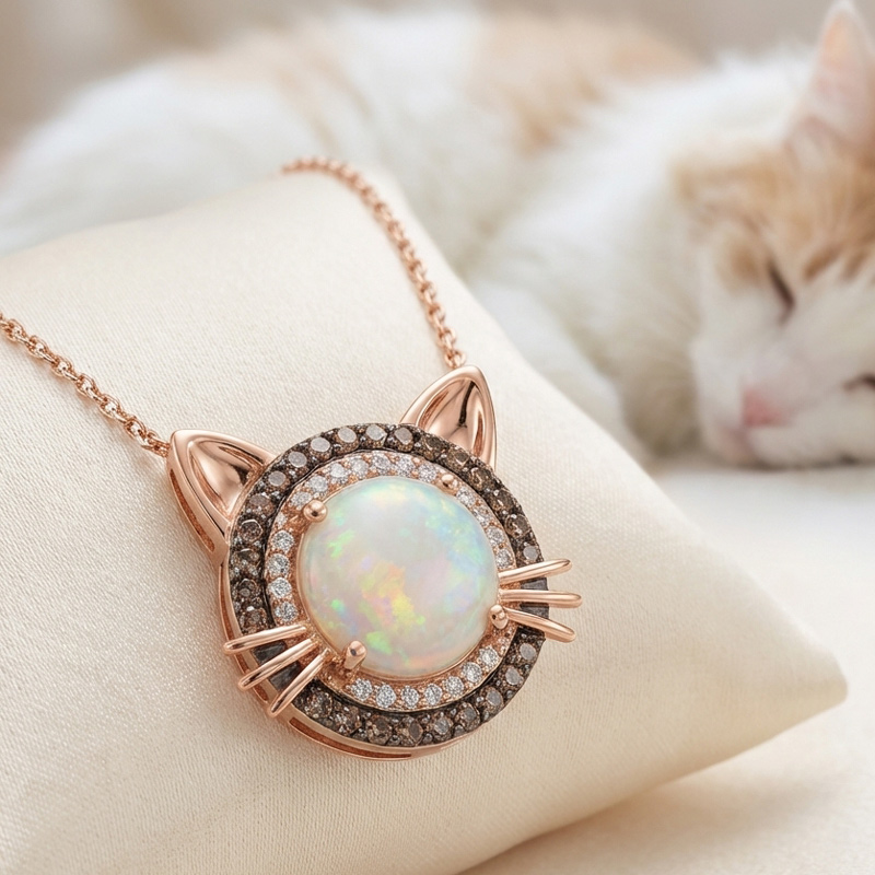 Sotiya Cat Design Double Halo Opal Round Cut Coffee Necklace Sterling Silver-Sotiya