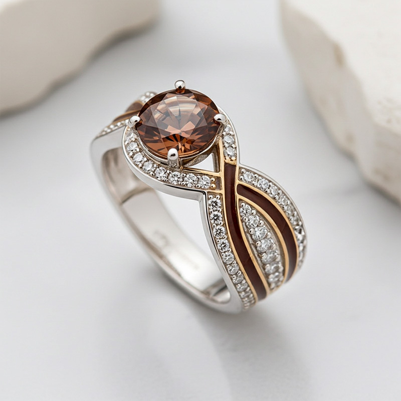 Sotiya Round Cut Crossover Coffee Enamel Engagement Ring Sterling Silver-Sotiya