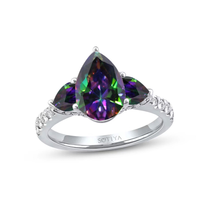 Sotiya Three Stone Pear Cut Rainbow Mystic Quartz Engagement Ring Sterling Silver-Sotiya