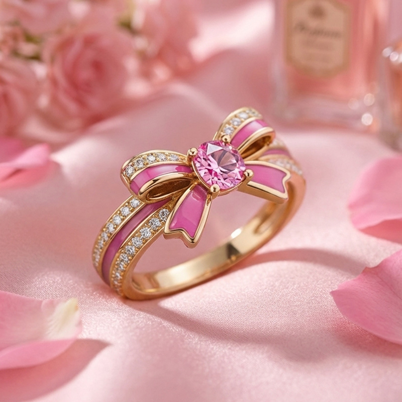 Sotiya Cushion Cut Bowknot Pink Enamel Promise Ring Sterling Silver-Sotiya