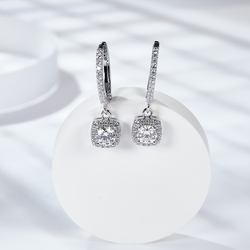 Sotiya Square Halo Design Round Cut Moissanite Drop Earrings Sterling Silver-Sotiya