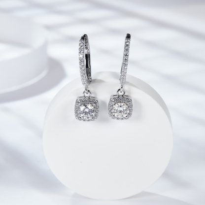 Sotiya Square Halo Design Round Cut Moissanite Drop Earrings Sterling Silver-Sotiya
