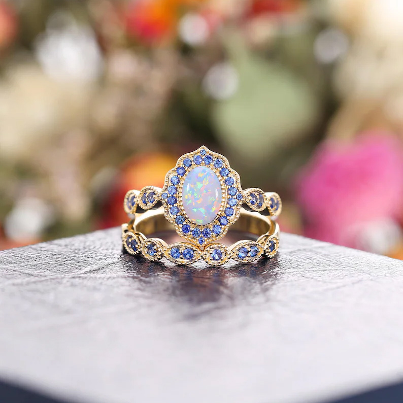 Sotiya Vintage Halo Oval Cut Opal Wedding Bridal Ring Set Sterling Silver-Sotiya