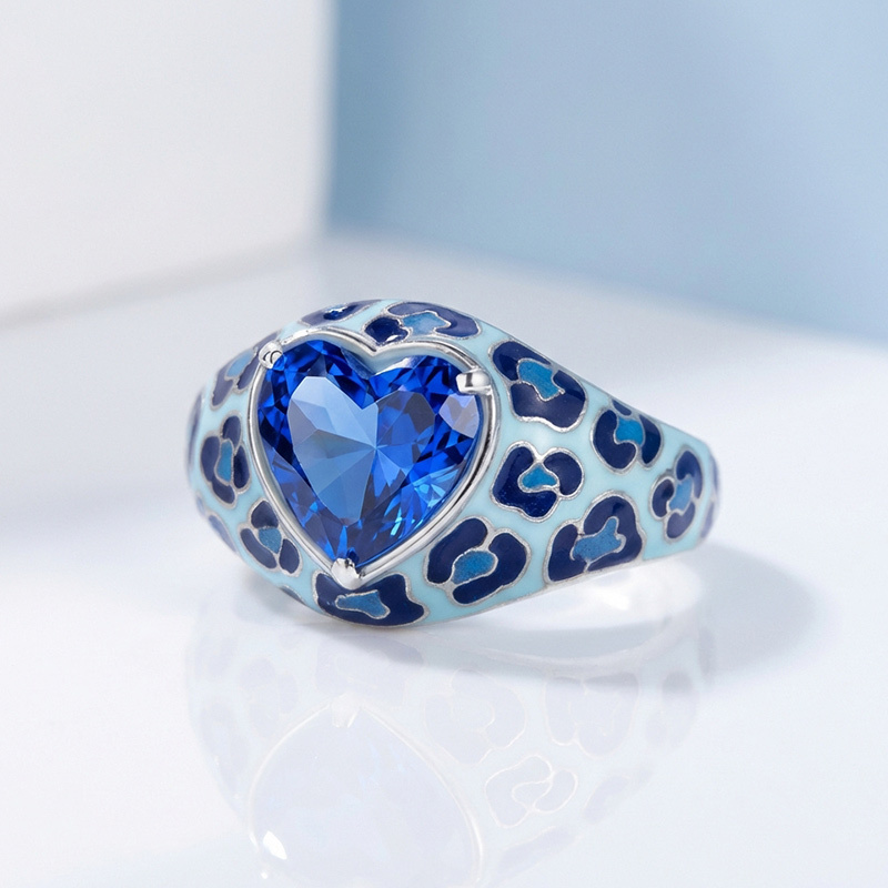 Sotiya Heart Cut Blue Leopard Print Enamel Ring Sterling Silver-Sotiya