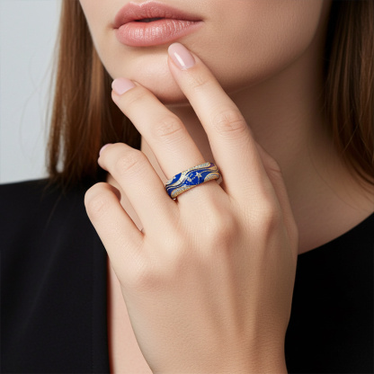 Sotiya Artist Collection Famous Painting Enamel Starry Night Curve Curl Design Women's Wedding Ring Band Sterling Silver Christmas Gift-Sotiya