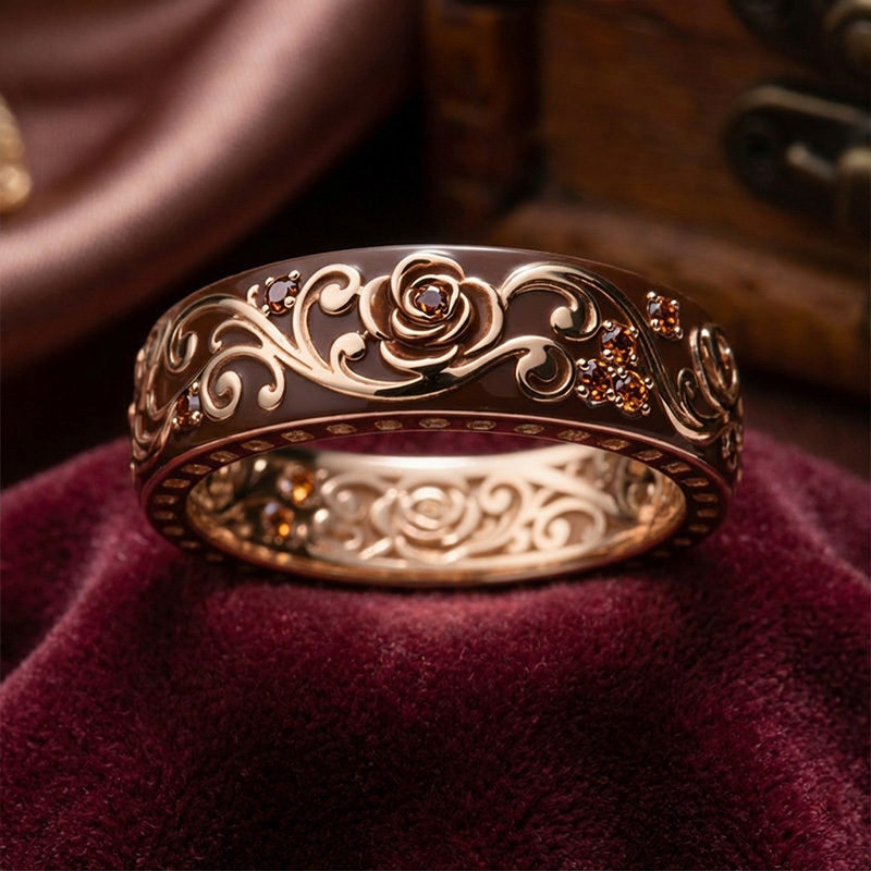 Sotiya Victorian Rococo Flower Enamel Round Cut Coffee Women's Wedding Ring Sterling Silver-Sotiya