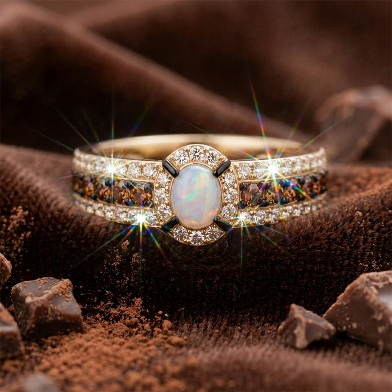 Sotiya Two Tone Halo Oval Cut Opal Coffee Engagement Ring Sterling Silver-Sotiya