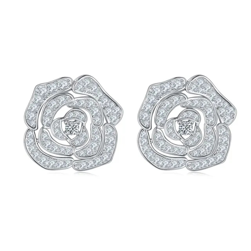 Sotiya Hollow Rose Round Cut Moissanite Stud Earrings Sterling Silver-Sotiya