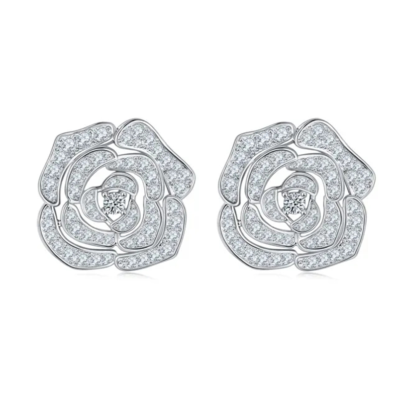 Sotiya Hollow Rose Round Cut Moissanite Stud Earrings Sterling Silver-Sotiya