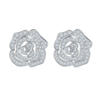 Sotiya Hollow Rose Round Cut Moissanite Stud Earrings Sterling Silver-Sotiya