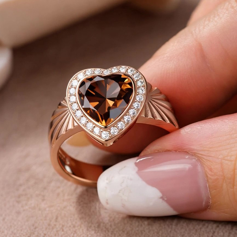 Sotiya Halo Heart Cut Carving Coffee Engagement Ring Sterling Silver-Sotiya