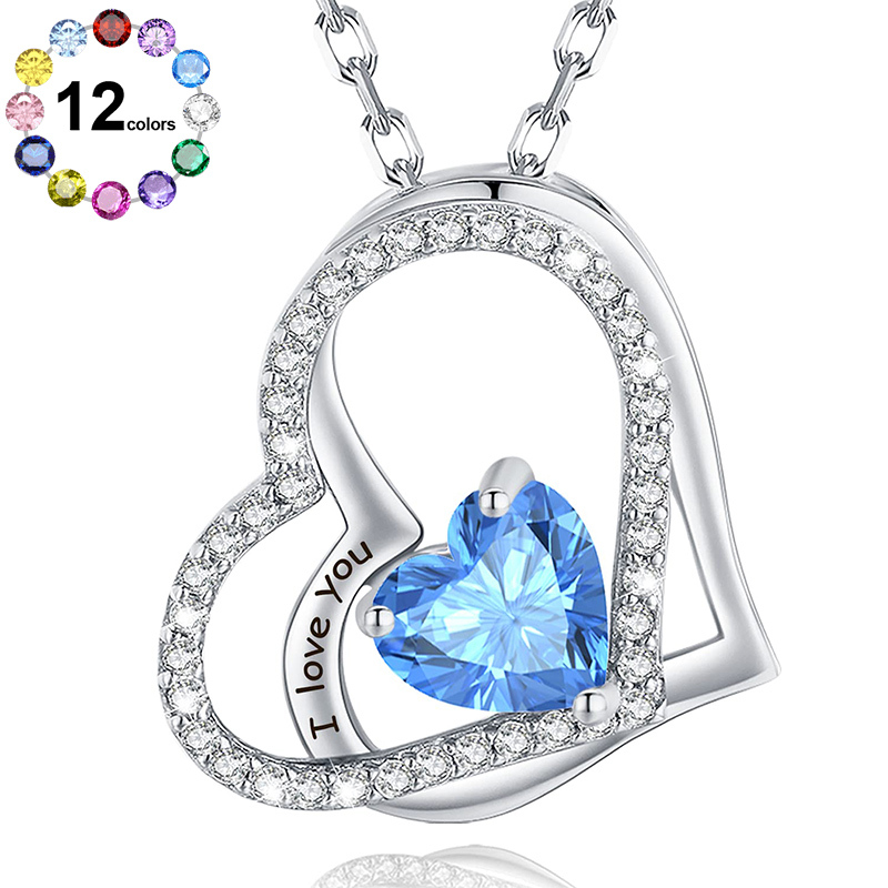 Sotiya 12 Birthstones "I Love You" Double Heart Necklace Sterling Silver-Sotiya