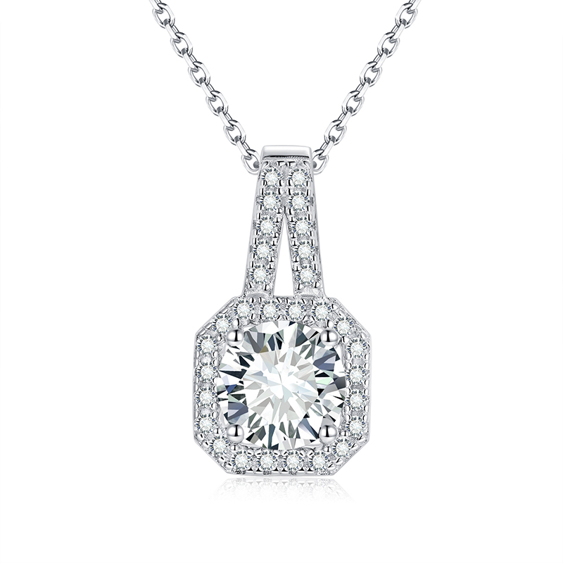 Sotiya Square Halo Design Round Cut Moissanite Necklace Sterling Silver-Sotiya