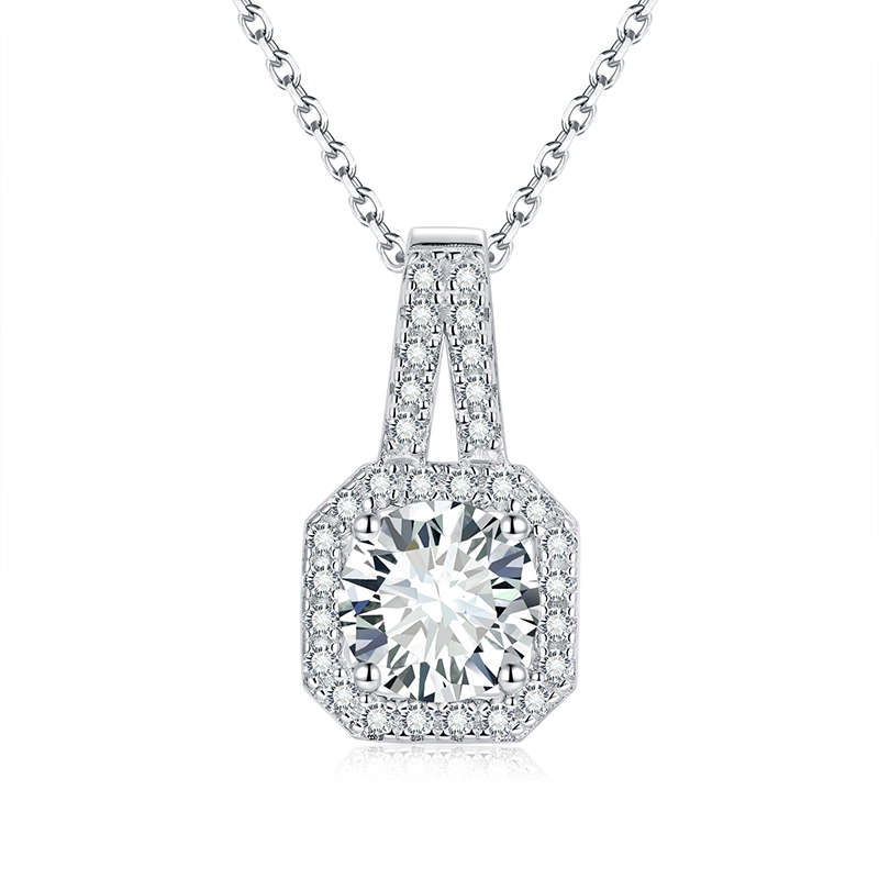Sotiya Square Halo Design Round Cut Moissanite Necklace Sterling Silver-Sotiya