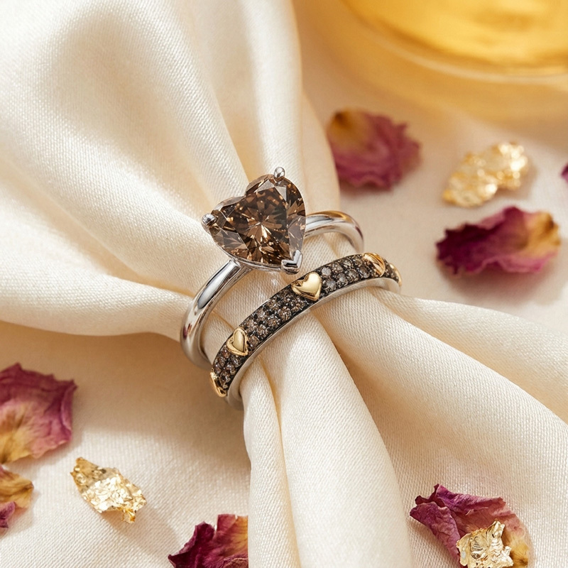 Sotiya Solitaire Heart Cut Coffee Wedding Bridal Ring Set Sterling Silver-Sotiya