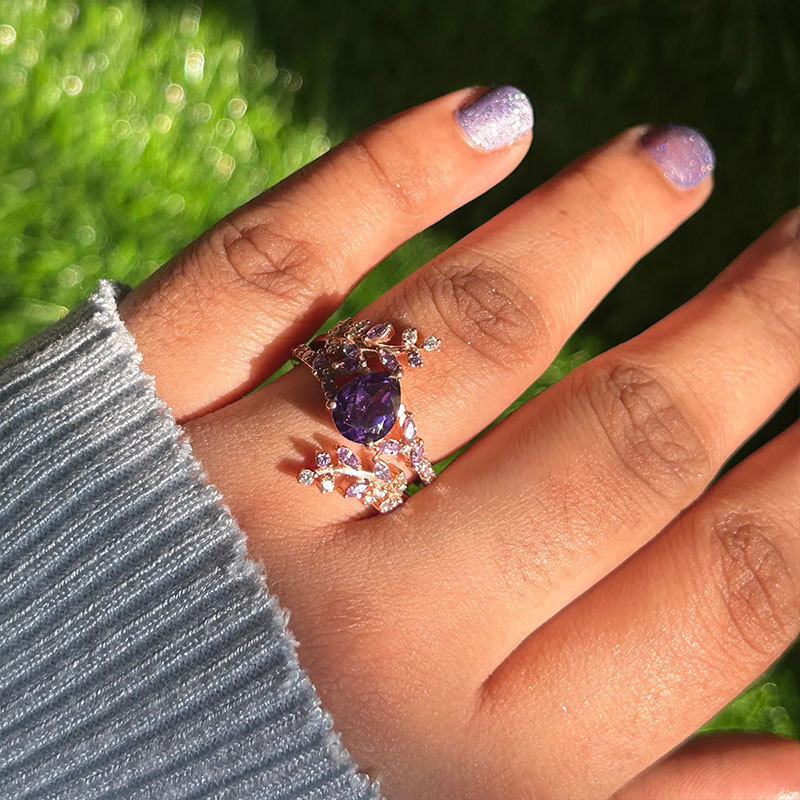 Sotiya Amethyst Pear Cut Leaf Inspired Engagement Ring Sterling Silver-Sotiya