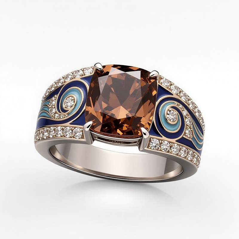 Sotiya Artist Collection Famous Painting Starry Night Vintage Cushion Cut Coffee Engagement Ring Sterling Silver-Sotiya