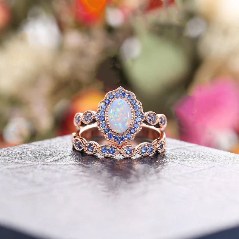 Sotiya Vintage Halo Oval Cut Opal Wedding Bridal Ring Set Sterling Silver-Sotiya