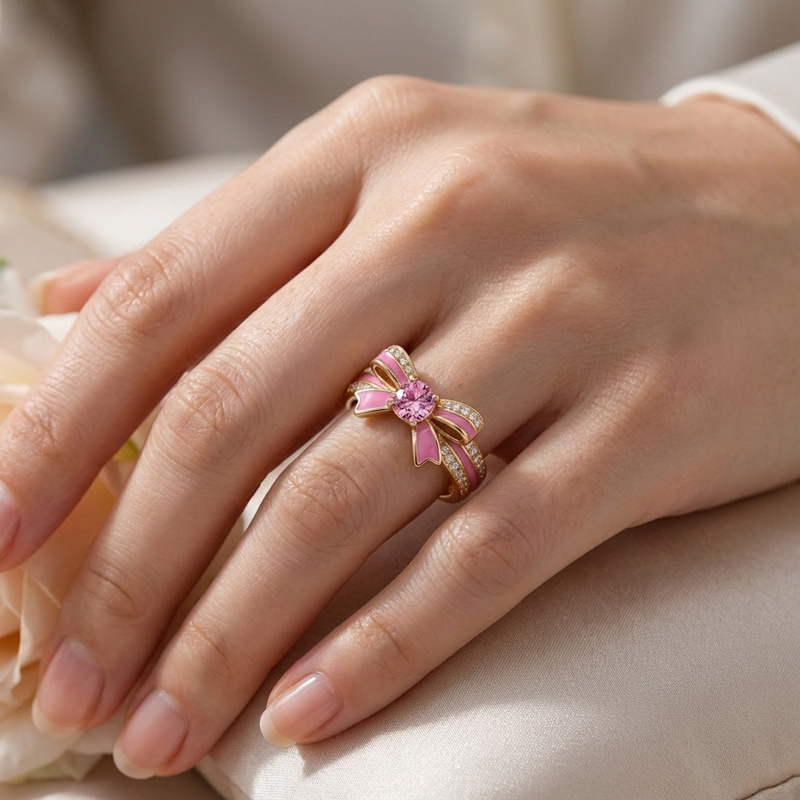 Sotiya Cushion Cut Bowknot Pink Enamel Promise Ring Sterling Silver-Sotiya