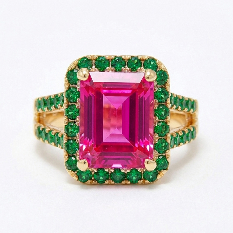 Sotiya Halo Emerald Cut Hot Pink and Green Engagement Ring Sterling Silver