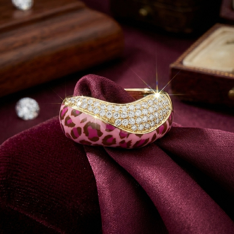 Sotiya Leopard Print Pink Enamel Ring Sterling Silver-Sotiya