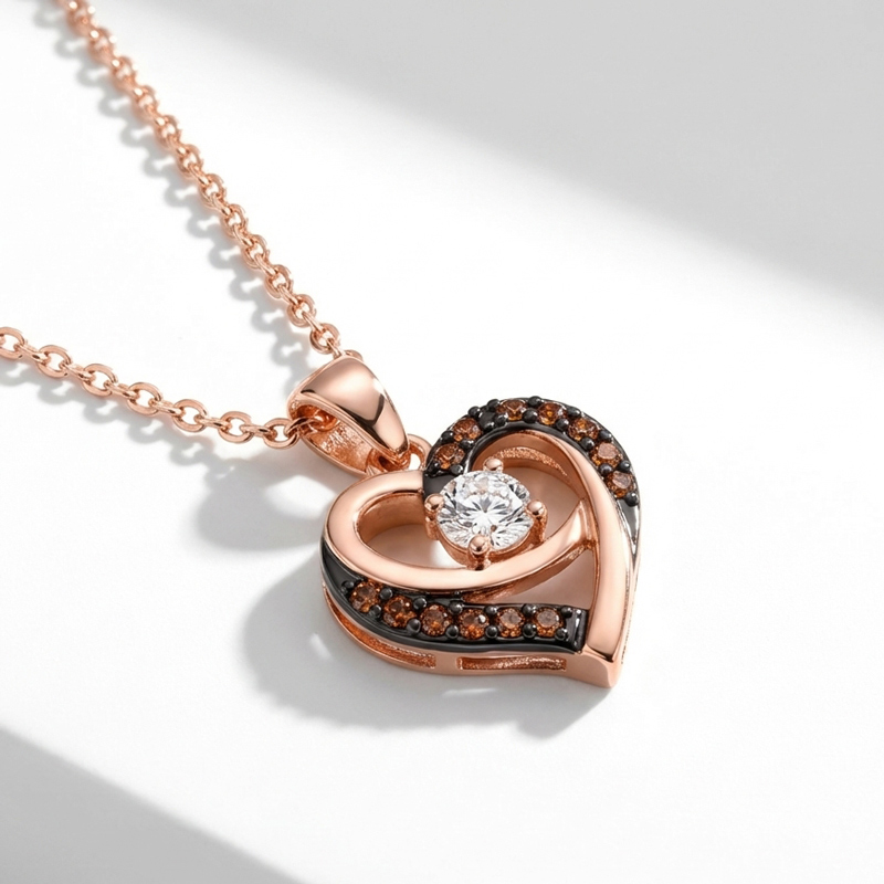 Sotiya Two Tone Heart Shaped Round Cut Coffee Necklace Sterling Silver-Sotiya