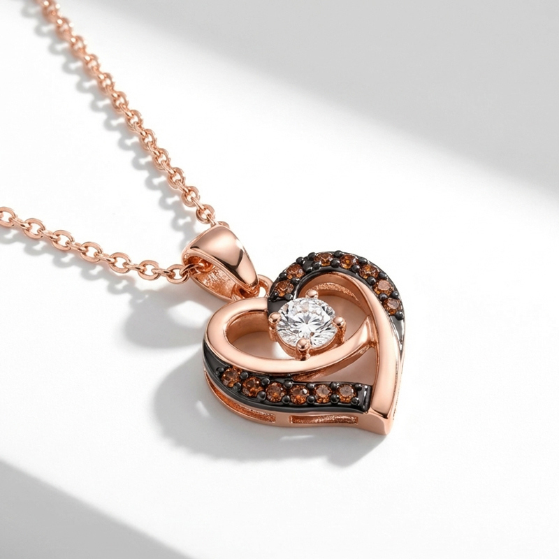 Sotiya Two Tone Heart Shaped Round Cut Coffee Necklace Sterling Silver-Sotiya