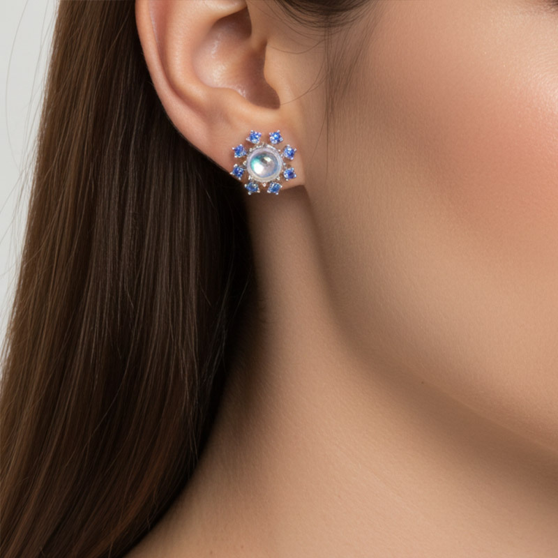 Sotiya Best Buds Snowflake Moonstone Round Cut Earrings Sterling Silver-Sotiya