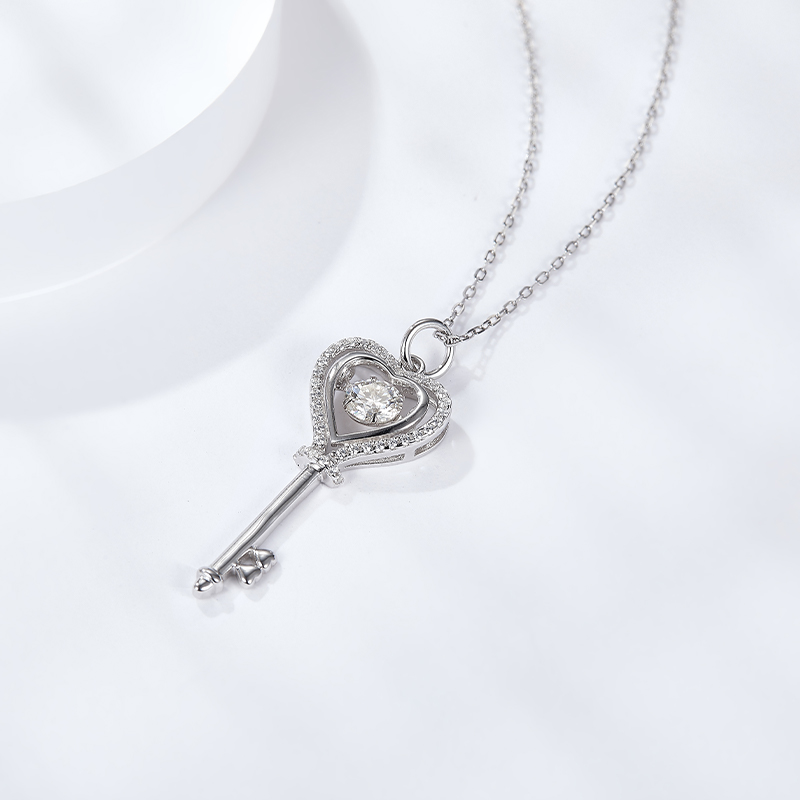 Sotiya Hollow Heart and Key Design Round Cut Moissanite Necklace Sterling Silver-Sotiya