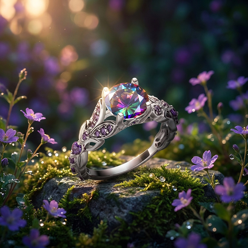 Sotiya Butterfly Round Cut Rainbow Mystic Quartz Engagement Ring Sterling Silver-Sotiya