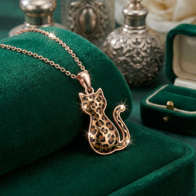 Sotiya Leopard Print Cat Coffee Enamel Necklace Sterling Silver-Sotiya