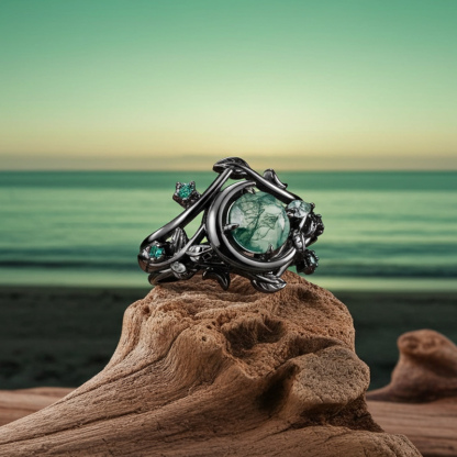 Sotiya Nature Inspired Round Cut Green Moss Agate Wedding Bridal Ring Set Sterling Silver-Sotiya