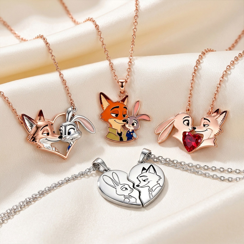 Animal City Bunny and Fox Inspired Couple Heart Necklace-Sotiya