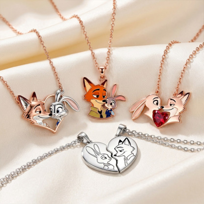 Animal City Bunny and Fox Inspired Couple Heart Necklace-Sotiya