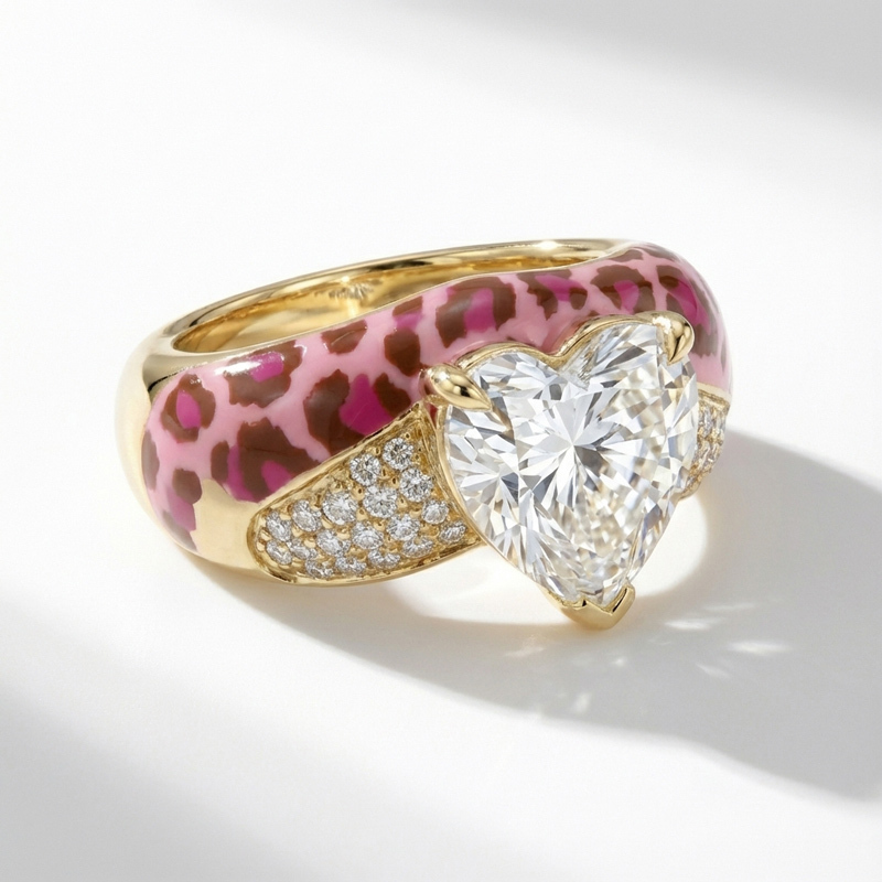 Sotiya Heart Cut Leopard Print Pink Enamel Ring Sterling Silver-Sotiya