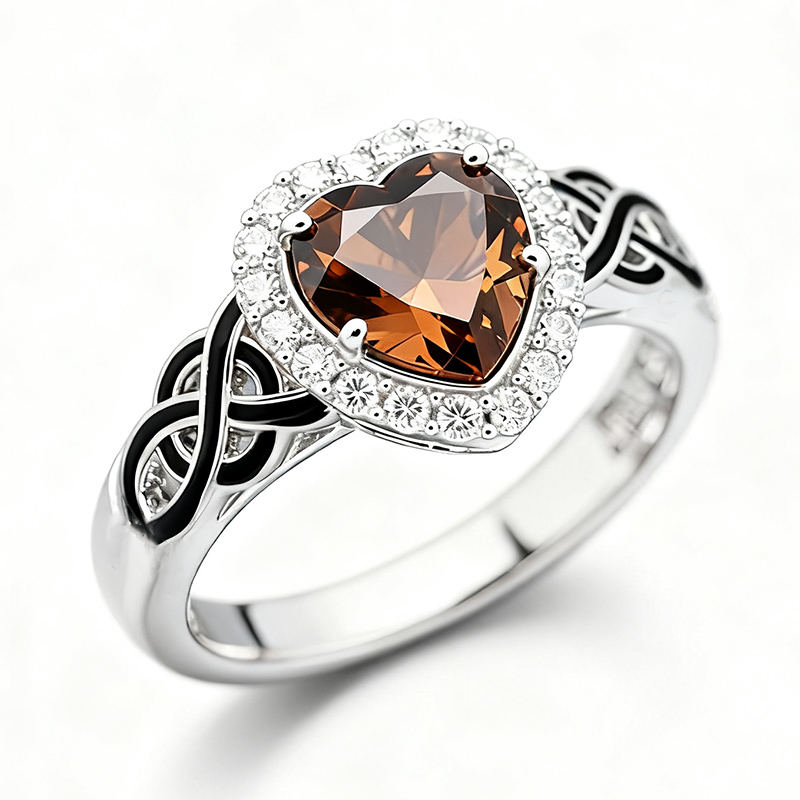 Sotiya Halo Heart Cut Knot Coffee Enamel Ring Sterling Silver-Sotiya