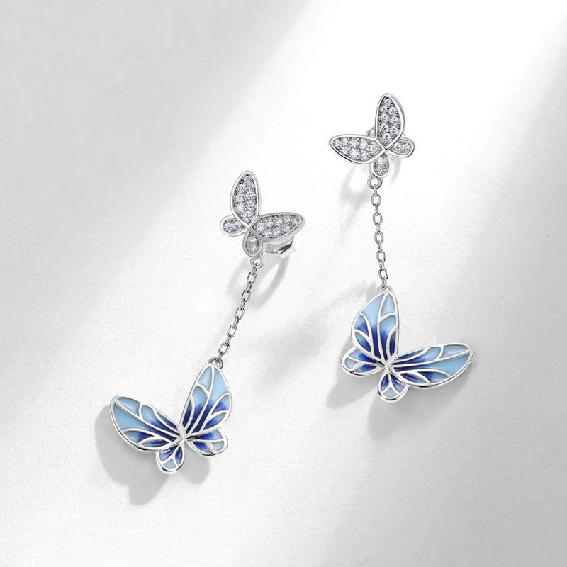 Sotiya Blue Enamel Butterfly Drop Earrings Sterling Silver-Sotiya