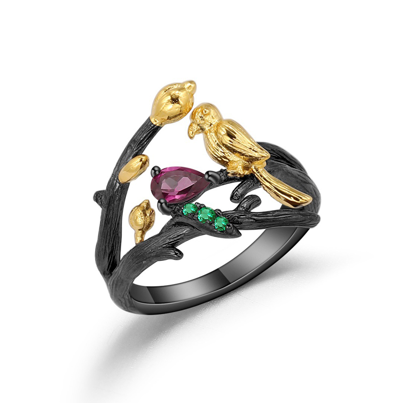 Sotiya Natural Gemstone Rhodolite Garnet Bird Design Adjustable Openable Cocktail Ring Sterling Silver-Sotiya