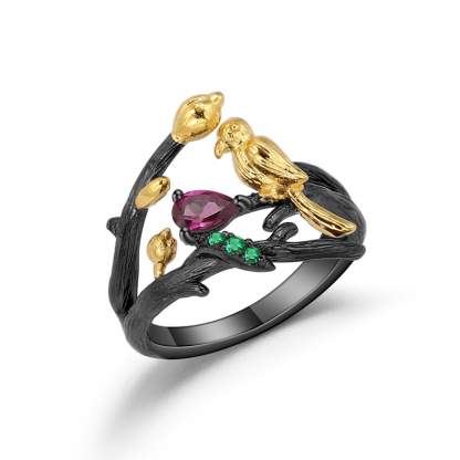 Sotiya Natural Gemstone Rhodolite Garnet Bird Design Adjustable Openable Cocktail Ring Sterling Silver-Sotiya