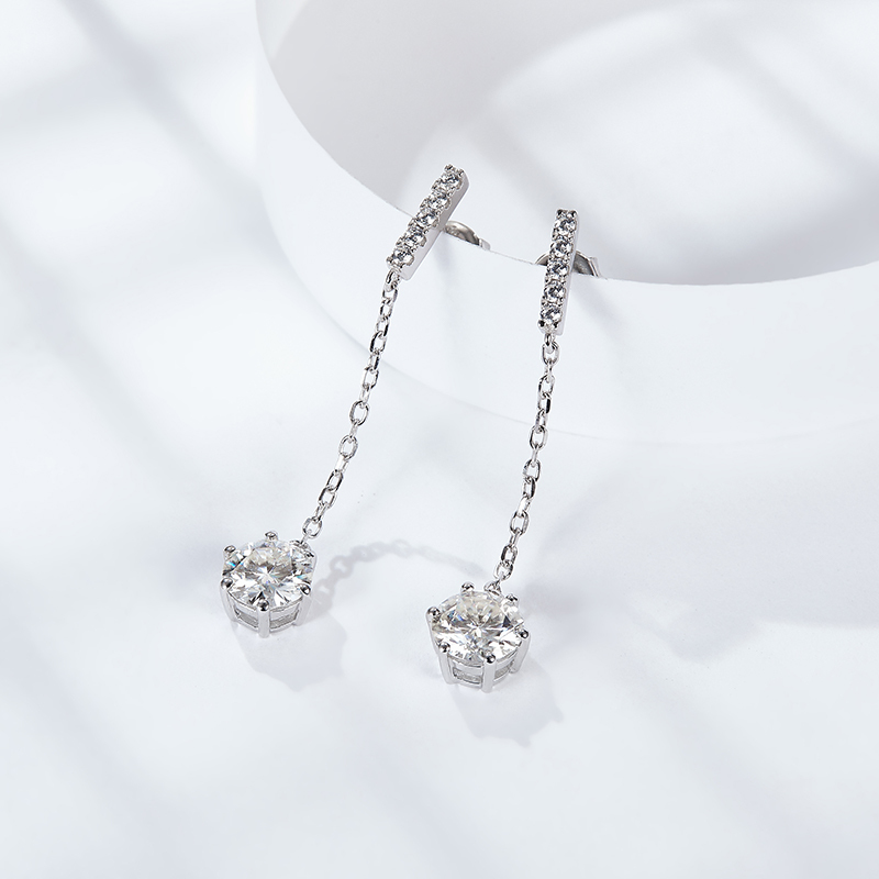 Sotiya Six Prong Round Cut Moissanite Drop Earrings Sterling Silver-Sotiya