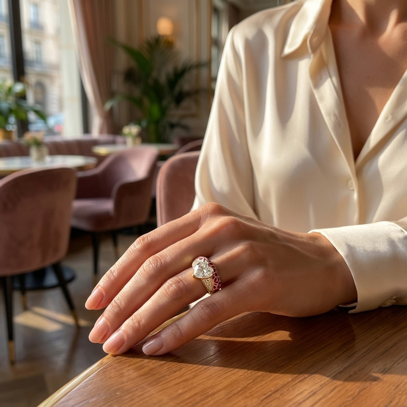 Sotiya Heart Cut Leopard Print Pink Enamel Ring Sterling Silver-Sotiya