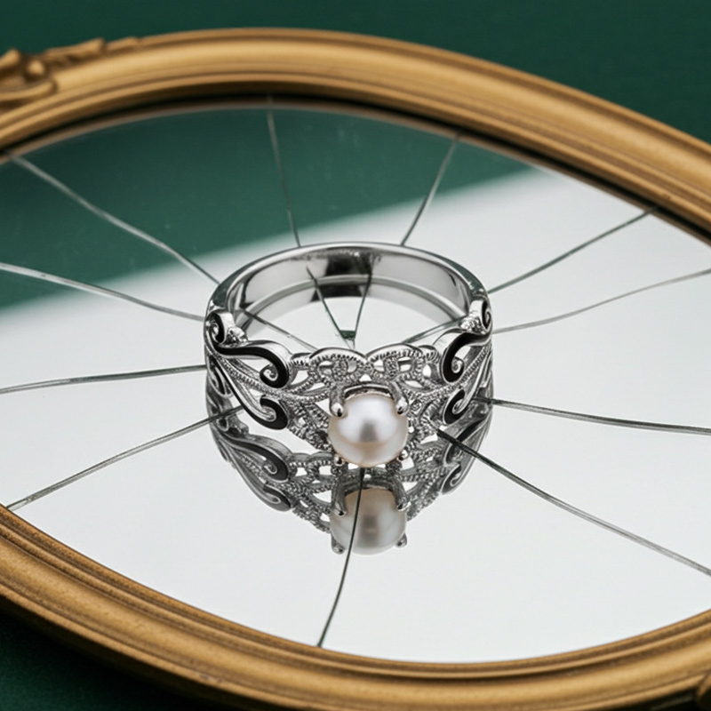 Sotiya Victorian Rococo Black Enamel Pearl Ring Sterling Silver-Sotiya