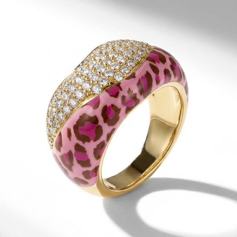 Sotiya Leopard Print Pink Enamel Ring Sterling Silver-Sotiya